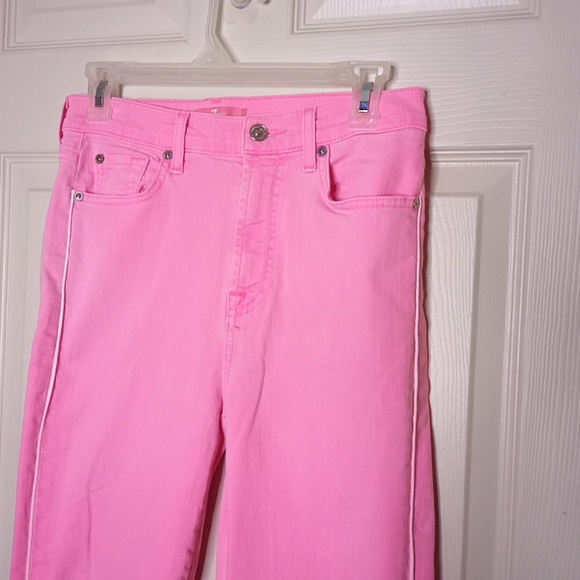 7 For All Mankind Bubblegum Barbie Pink High Waist Kick Jeans-White Piping Sz 28 - Picture 4 of 9
